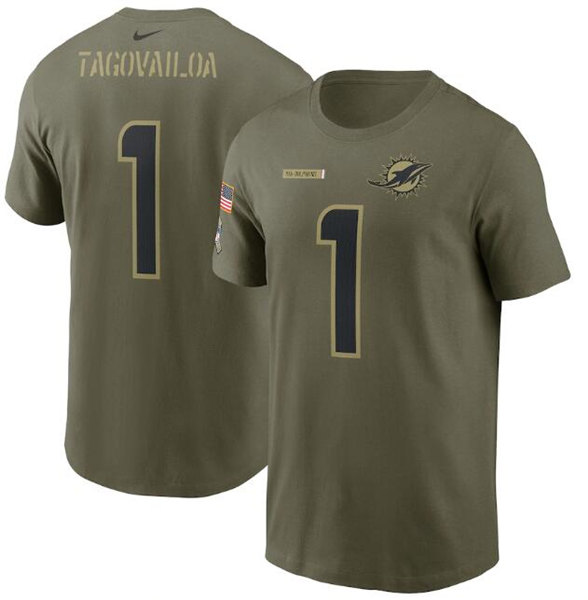 Men's Miami Dolphins #1 Tua Tagovailoa 2021 Olive Salute To Service Legend Performance T-Shirt - Click Image to Close